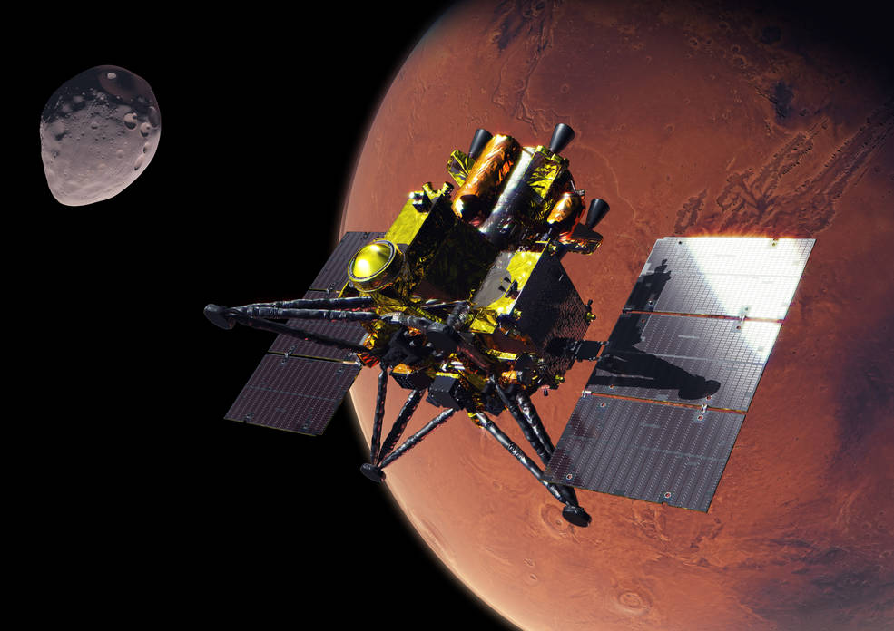 Artist view of the MMX spacecraft with Mars background.