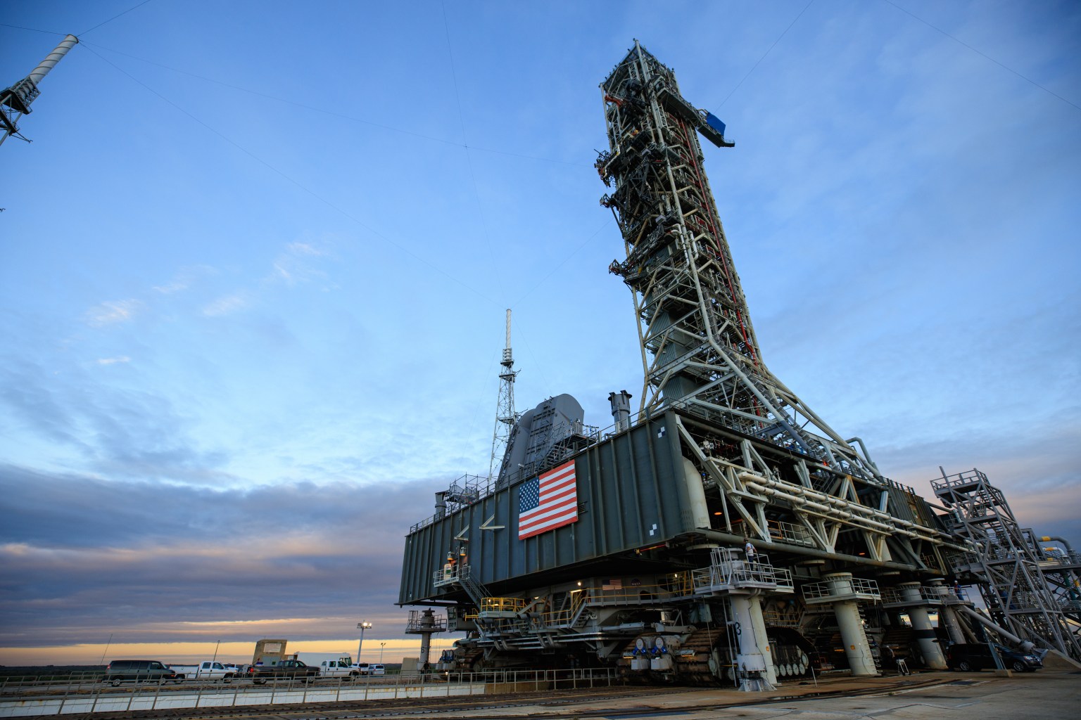 In this view looking from the ground up, NASA's mobile launcher is seen riding atop the agency's crawler transporter 2.