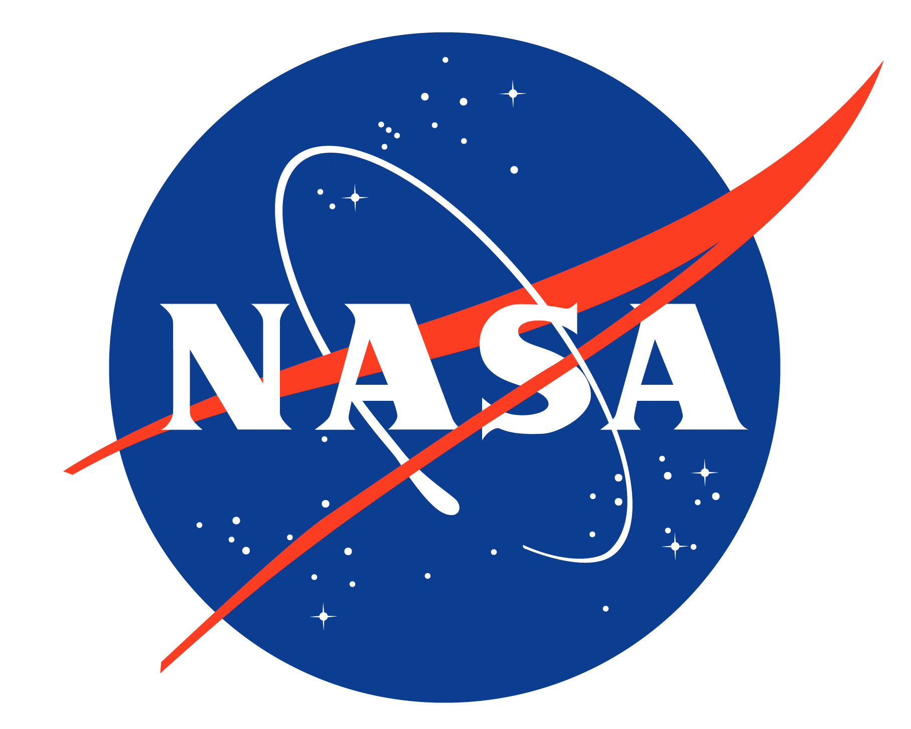 The NASA insignia. A blue circle with the word NASA in white across the blue circle. There is also a red vector across the blue circle.
