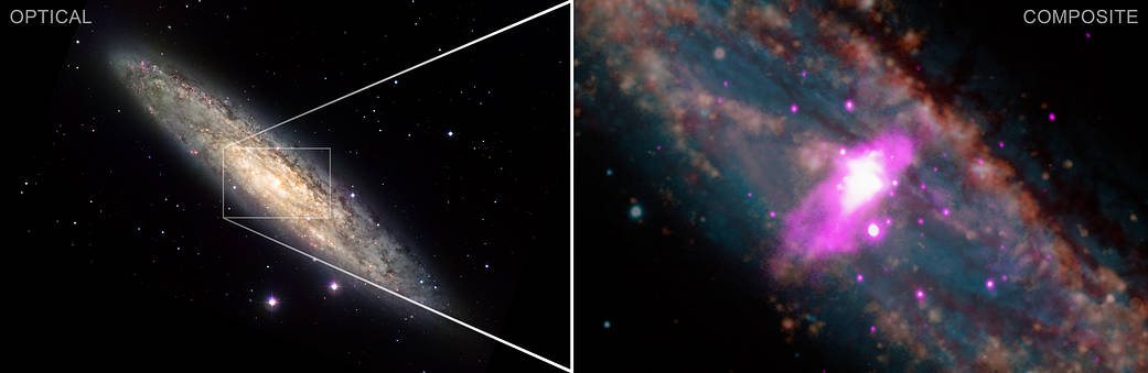 This release features an optical image of the spiral galaxy NGC 253, and a separate composite closeup of the galaxy's bright center. In both images, the galaxy is set against the blackness of space, which is dotted with specks of light.