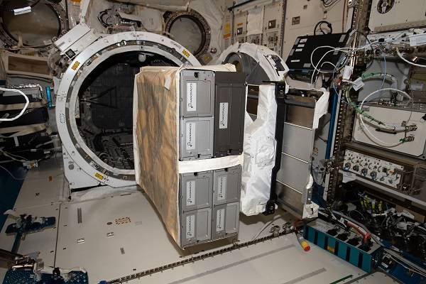A view of the NanoRacks CubeSat Deployer (NRCSD) installed onto the Multipurpose Experiment Platform (JEM MPEP) in the Kibo module aboard the International Space Station (ISS).