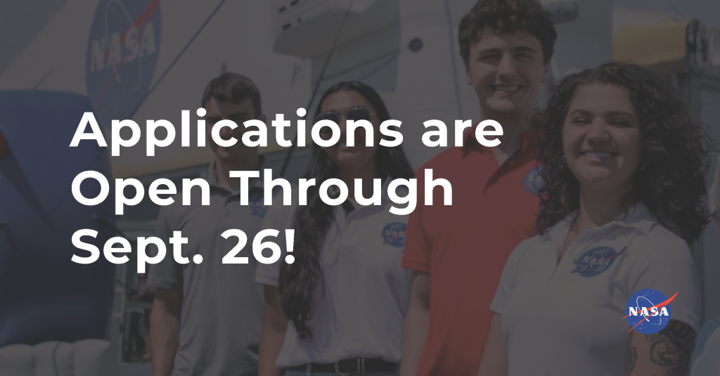 Graphic of students with the overlayed text: NASA is currently accepting applications for Spring 2026 Pathways Internships through September 26, 2025. See disciplines and targeted majors below.