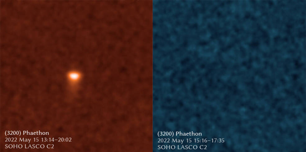 Two images of the asteroid Phaethon are shown side by side. In an orange image on the left, Phaethon appears as a bright, blurry object with a faint tail below it. In the blue image on the right, nothing appears.