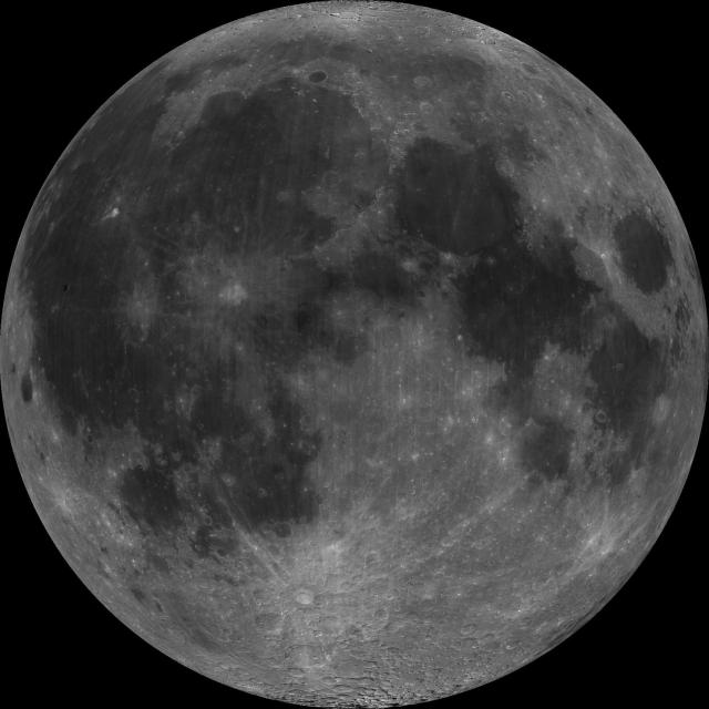 About 50,000 Clementine images were processed to produce this and other full-disc views of the Moon. Lunar terrain types are designated by their 17th century name maria (dark features also known as basins) and terra (brighter features also known as uplands or highlands). Extensive bright ray systems surround craters Copernicus (upper left center) and Tycho (near bottom).