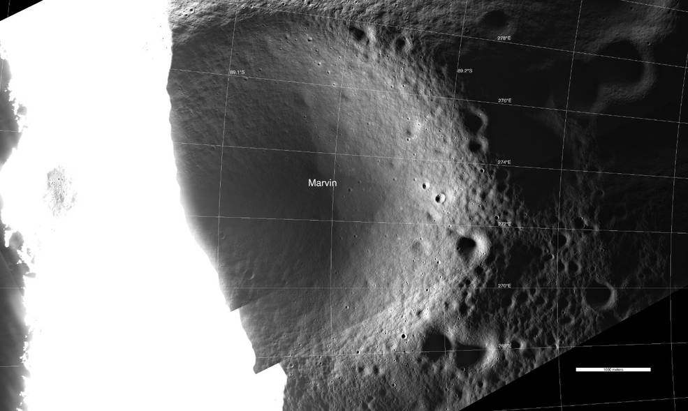 The rim of Marvin crater on the lunar surface captured in direct sunlight, causing image saturation. 