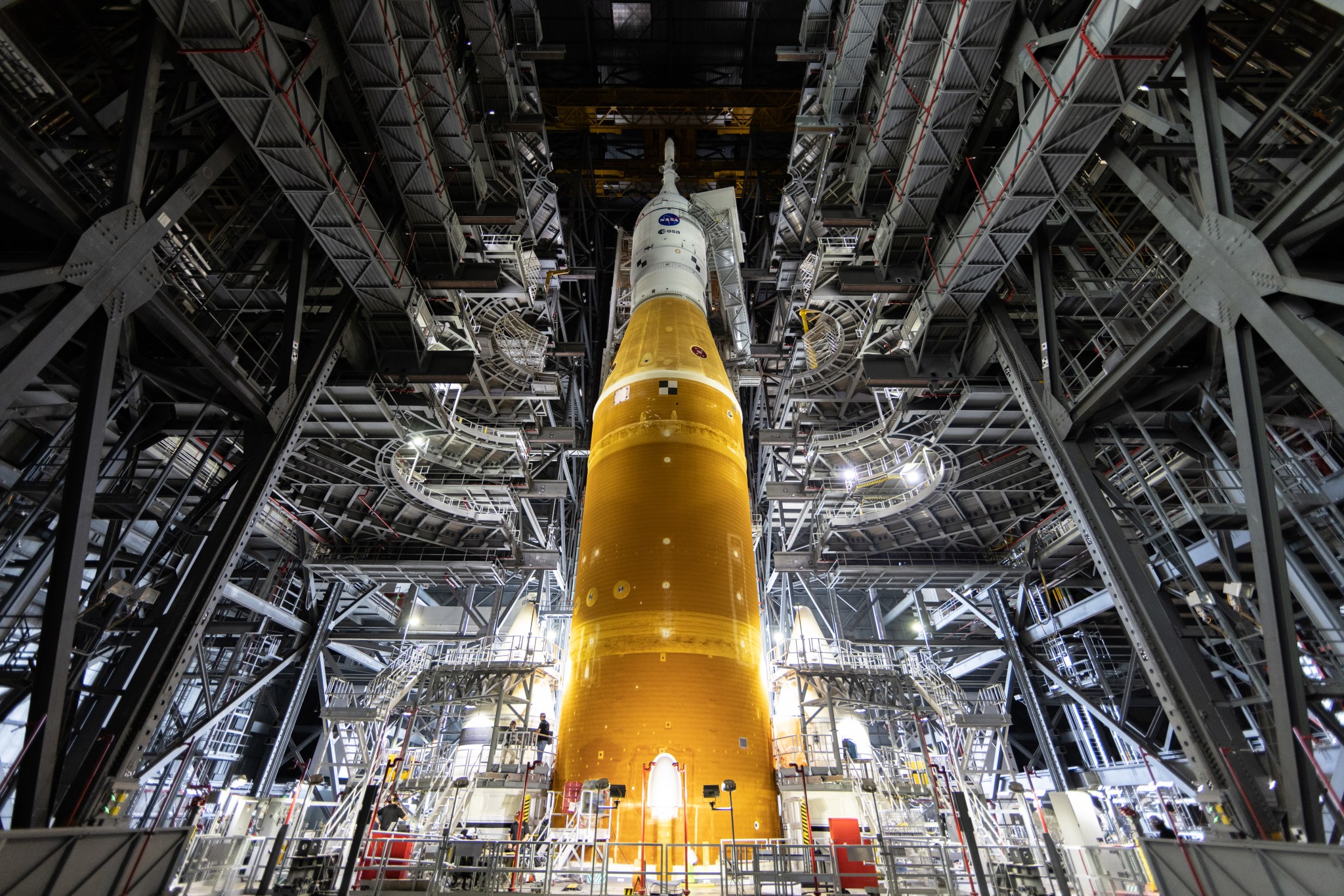 NASA's Space Launch System rocket is seen in the Vehicle Assembly Building at NASA's Kennedy Space Center in this view looking from the bottom of the rocket up to the top.
