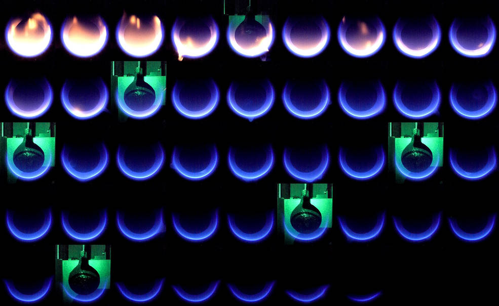 This sequence of images from the SoFIE-GEL investigation shows a flame as the ambient oxygen concentration is reduced, turning the flame bluer and eventually extinguishing it.