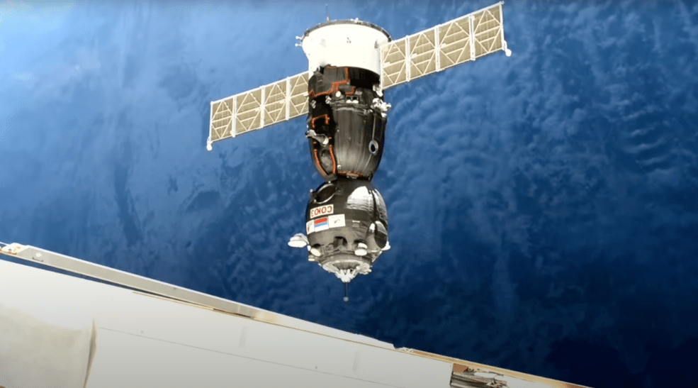 The Soyuz MS-23 spacecraft is seen approaching the Poisk module of the International Space Station prior to docking Feb. 25, 2023. 