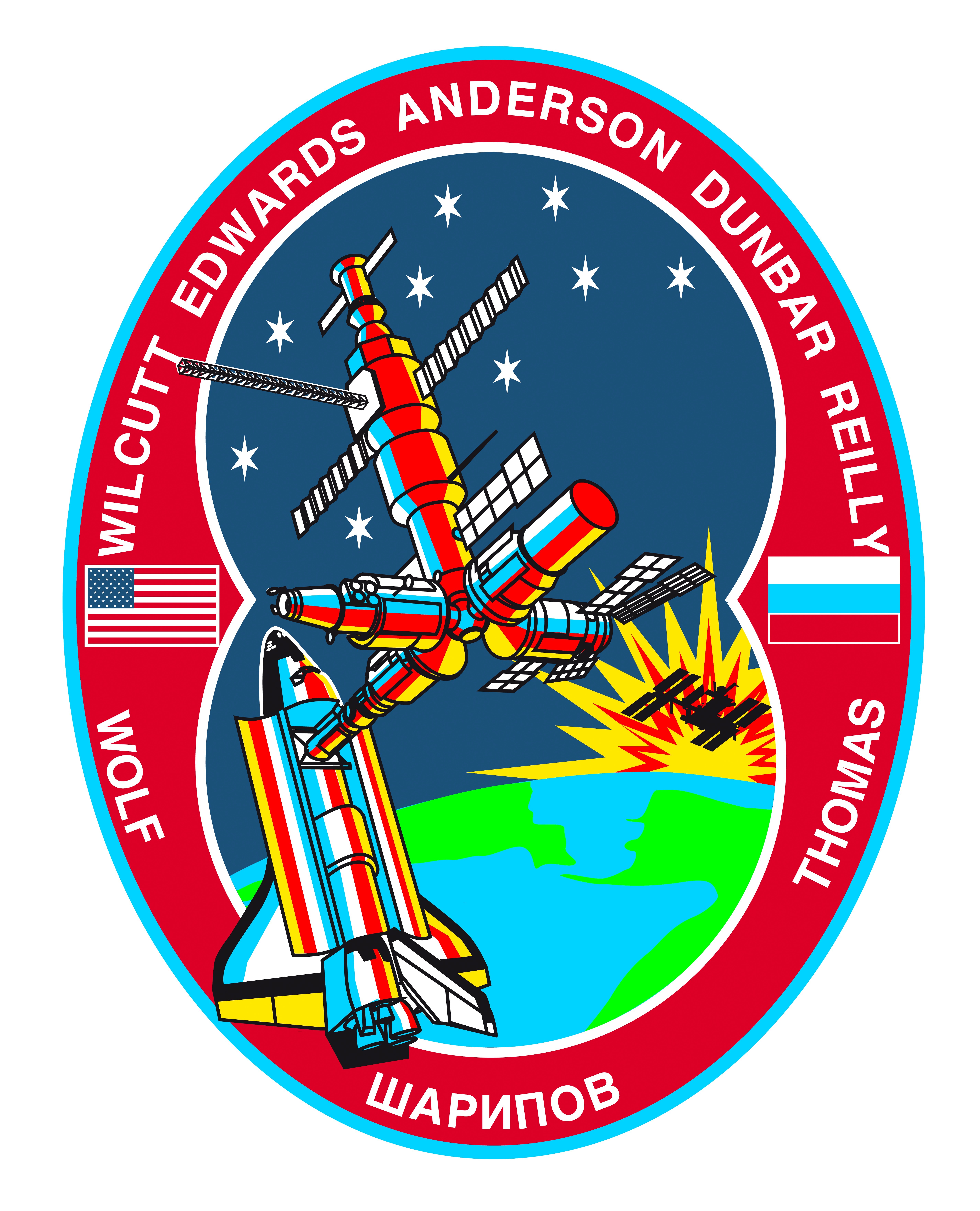 The STS-89 crew patch illustrates the Space Shuttle Endeavour and Russia's Mir Space Station orbiting above the Bering Strait between Siberia and Alaska with a sunrise in the background.