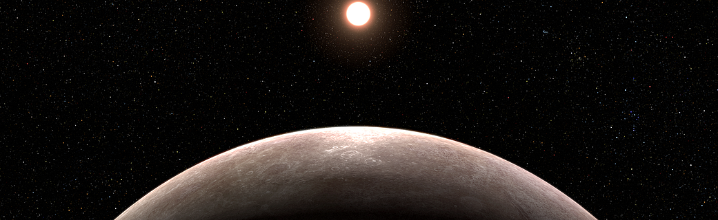 Illustration of a planet and its star on a black background. The planet is large, in the foreground at the center and the star is smaller and bright yellowish-white in the background and also at the center.