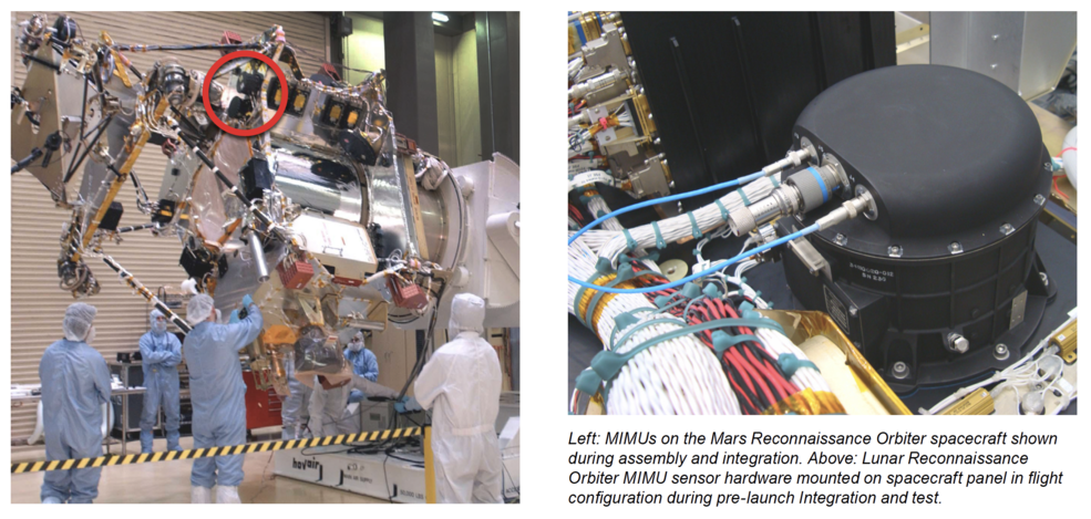 Left: MIMUs on the Mars Reconnaissance Orbiter spacecraft shown
during assembly and integration. Above: Lunar Reconnaissance
Orbiter MIMU sensor hardware mounted on spacecraft panel in flight
configuration during pre-launch Integration and test.