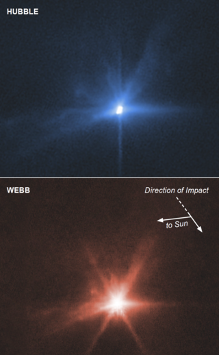 Simultaneous images from Hubble Space Telescope and James Webb Space Telescope of Dimorphos ejecta about 4 hours after impact.