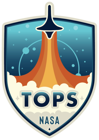 A badge that has a rocket with the word TOPS on the bottom of it.