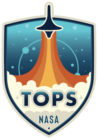 A badge that has a rocket with the word TOPS on the bottom of it.