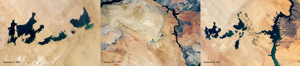 Three images of Toshka Lakes show the water levels in 2002, 2012, and 2021