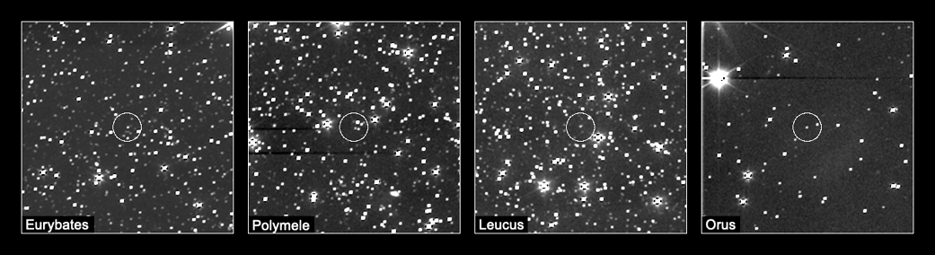 Four animated images are shown side-by-side horizontally. They are dotted with dozens of bright spots, stars, on a dark background. Little specs, Trojan asteroids photographed by the Lucy spacecraft, are circled and moving slightly across each image.