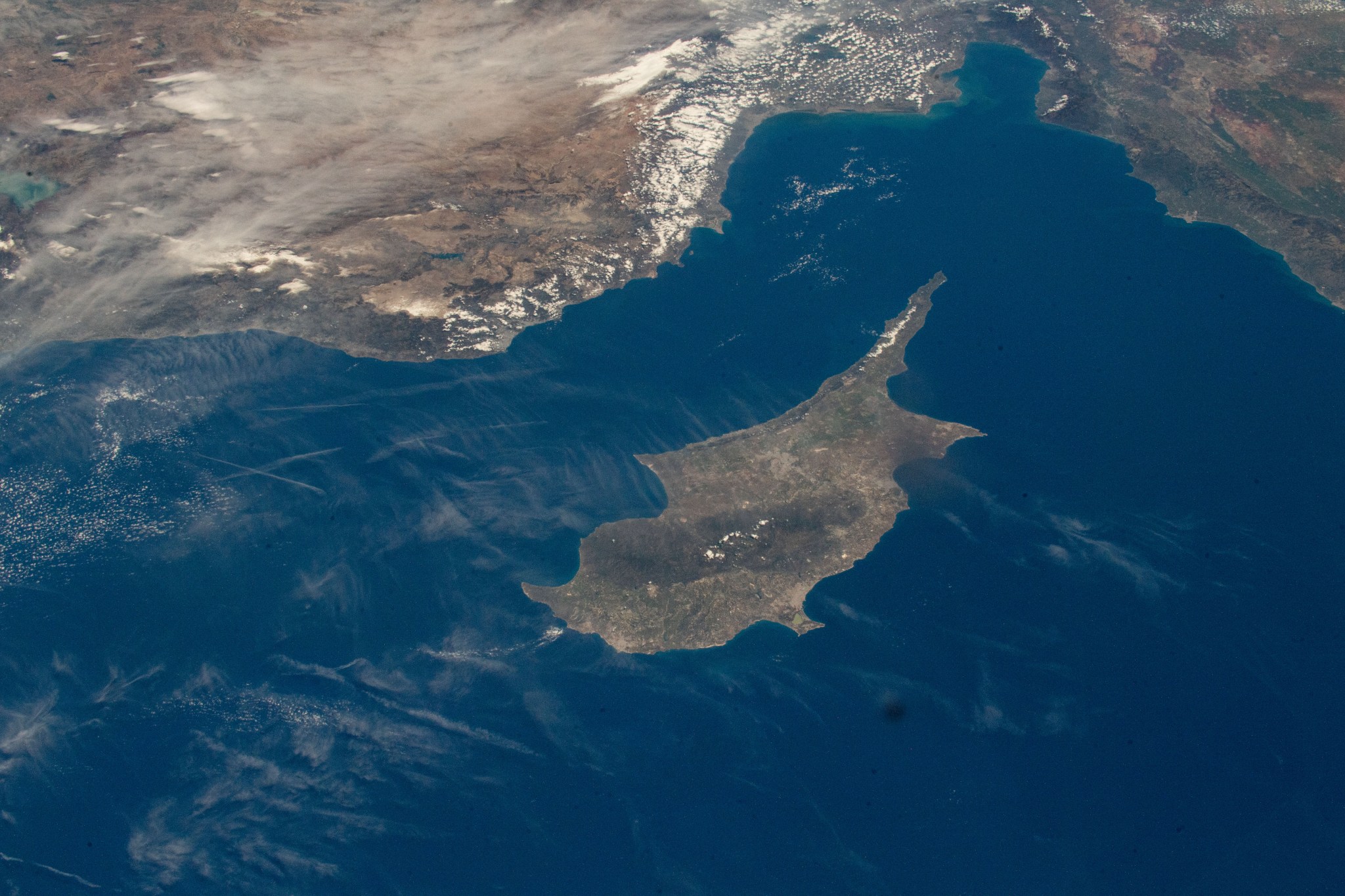 The Turkish coast and the island of Cyprus in the Mediterranean Sea are visible in this image taken from the International Space Station as it orbits 262 miles above.