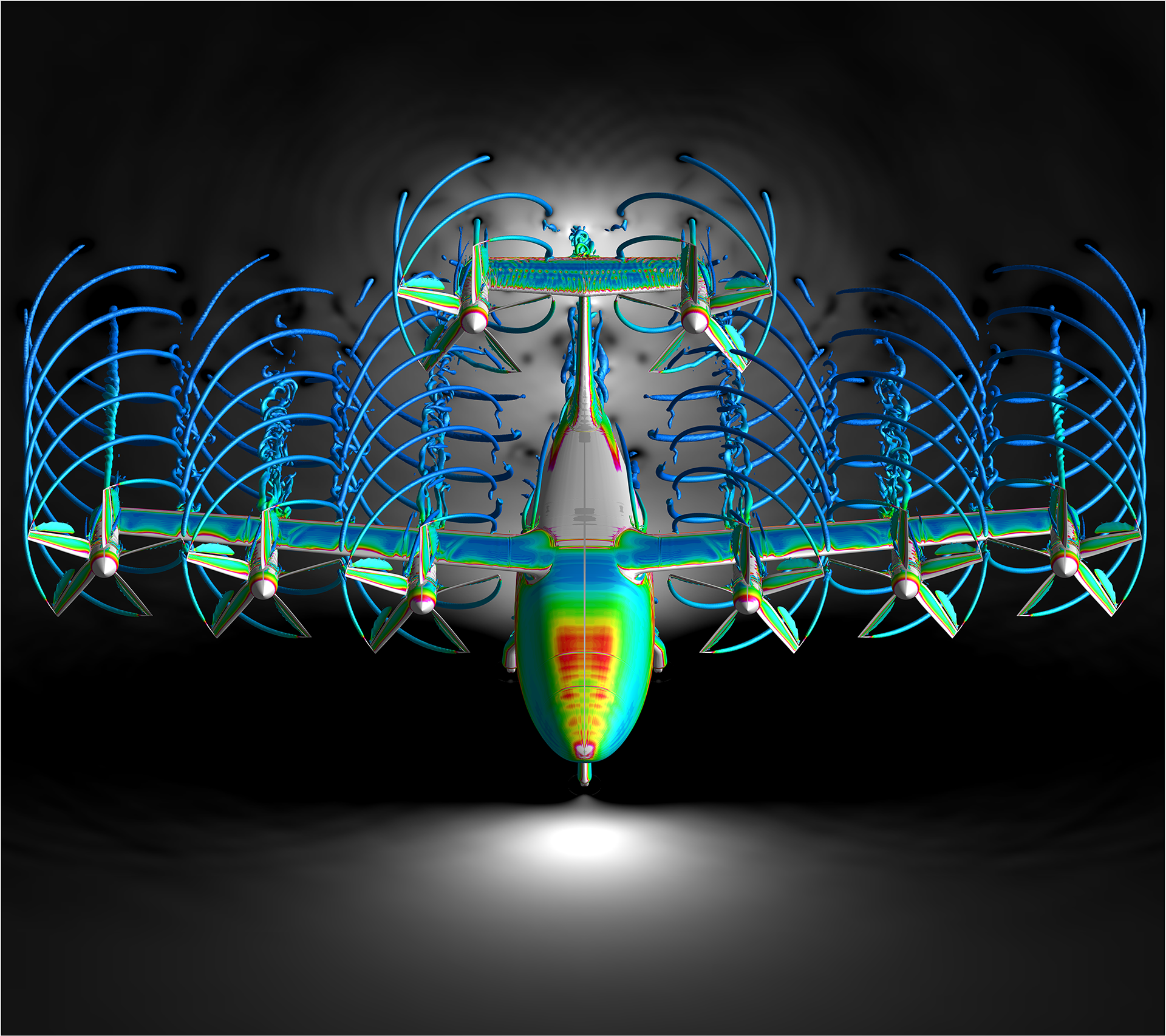 A computerized illustration of an airplane flies toward the viewer with lines of various colors coming off of the the edges to depict data collected.