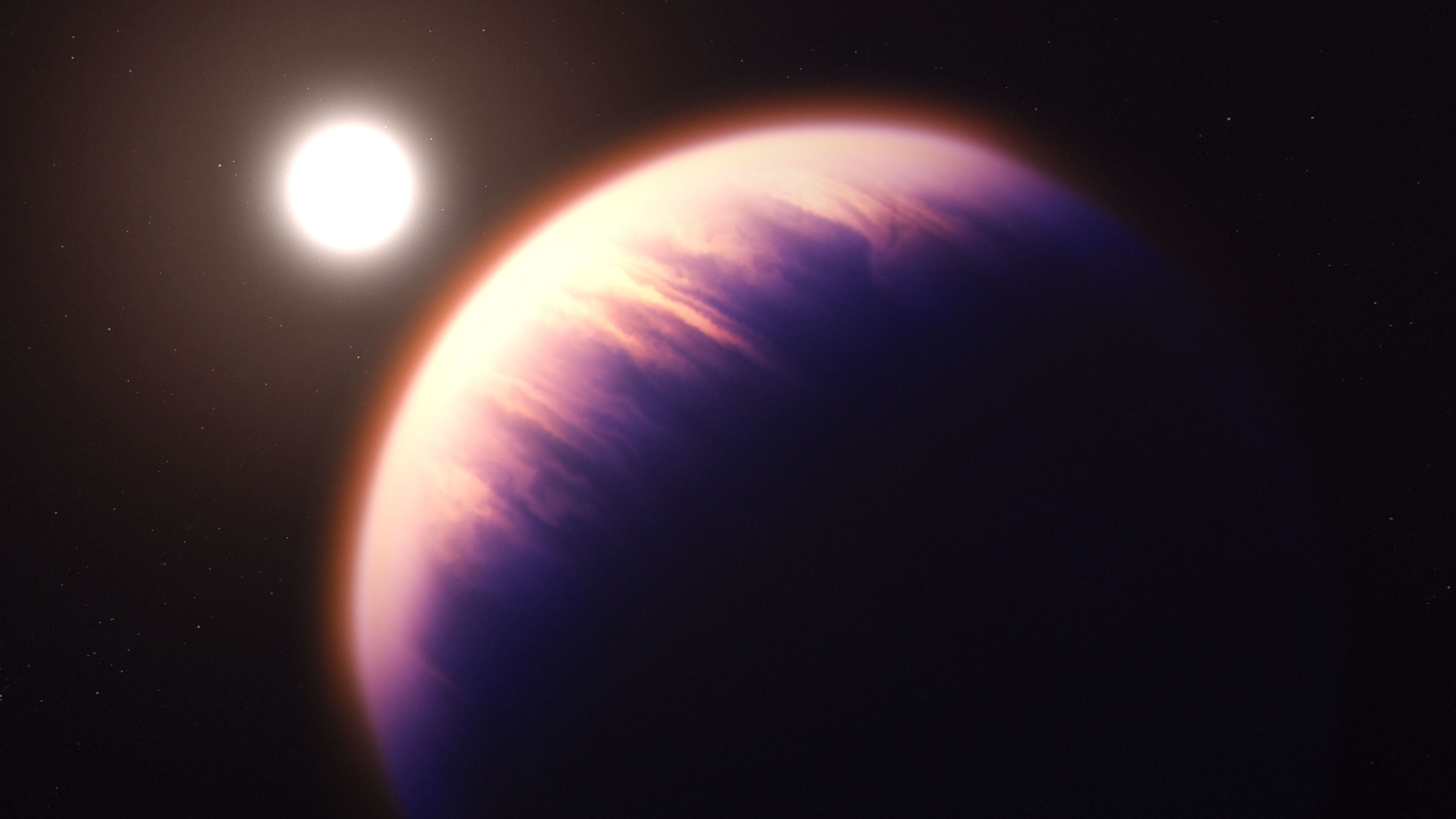 A pinkish planet and its star on an empty black background, with a bright white sun in the background.