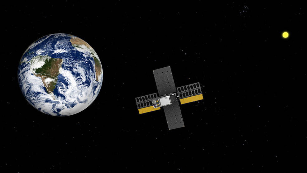 This screenshot from NASA’s Eyes on the Solar System 3D visualization tool shows Lunar Flashlight making its close approach with Earth