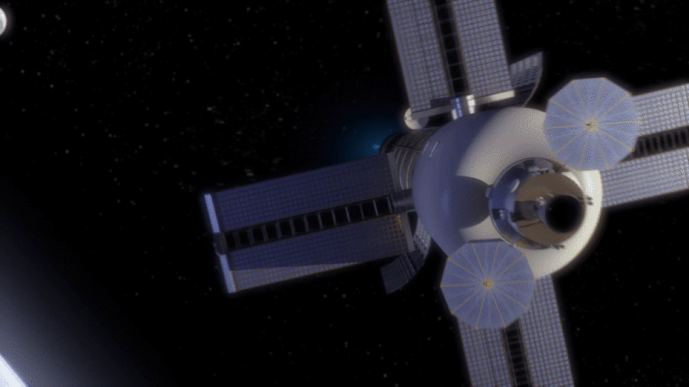 A gif of a Illustration of a spacecraft with a nuclear-enabled propulsion system.