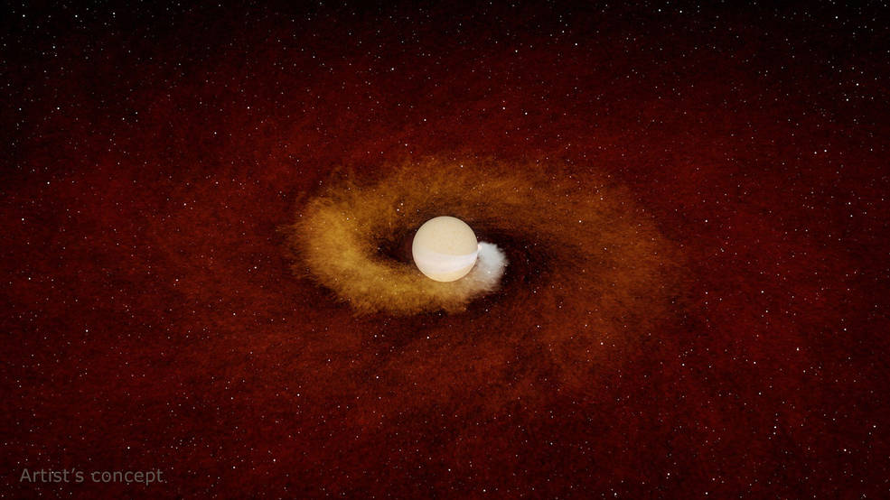 This artist’s concept shows a planet gradually spiraling into its host star