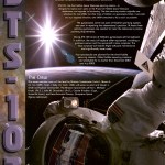 STS-103 mission poster with descriptive text about the mission and an astronaut in space