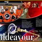 Endeavour STS-100 crew poster showing the ISS robotic arm, the crew in flight suits, and Raffaello images with descriptive text about the mission