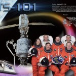 STS-101 crew poster showing the astronauts in flight suits, the ISS and descriptive text