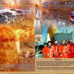 STS-102 mission poster with a portrait of Leonardo, the astronauts in orange flight suits, a shuttle launch, the ISS and the mission patch with descriptive text about the mission