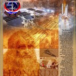 STS-102 mission poster with a portrait of Leonardo, a shuttle launch, the ISS and the mission patch with descriptive text about the mission