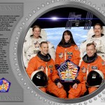 STS-104 crew poster showing astronauts in flight suits with descriptive text about the mission