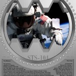 STS-104 mission poster showing an astronaut on an EVA with descriptive text about the mission