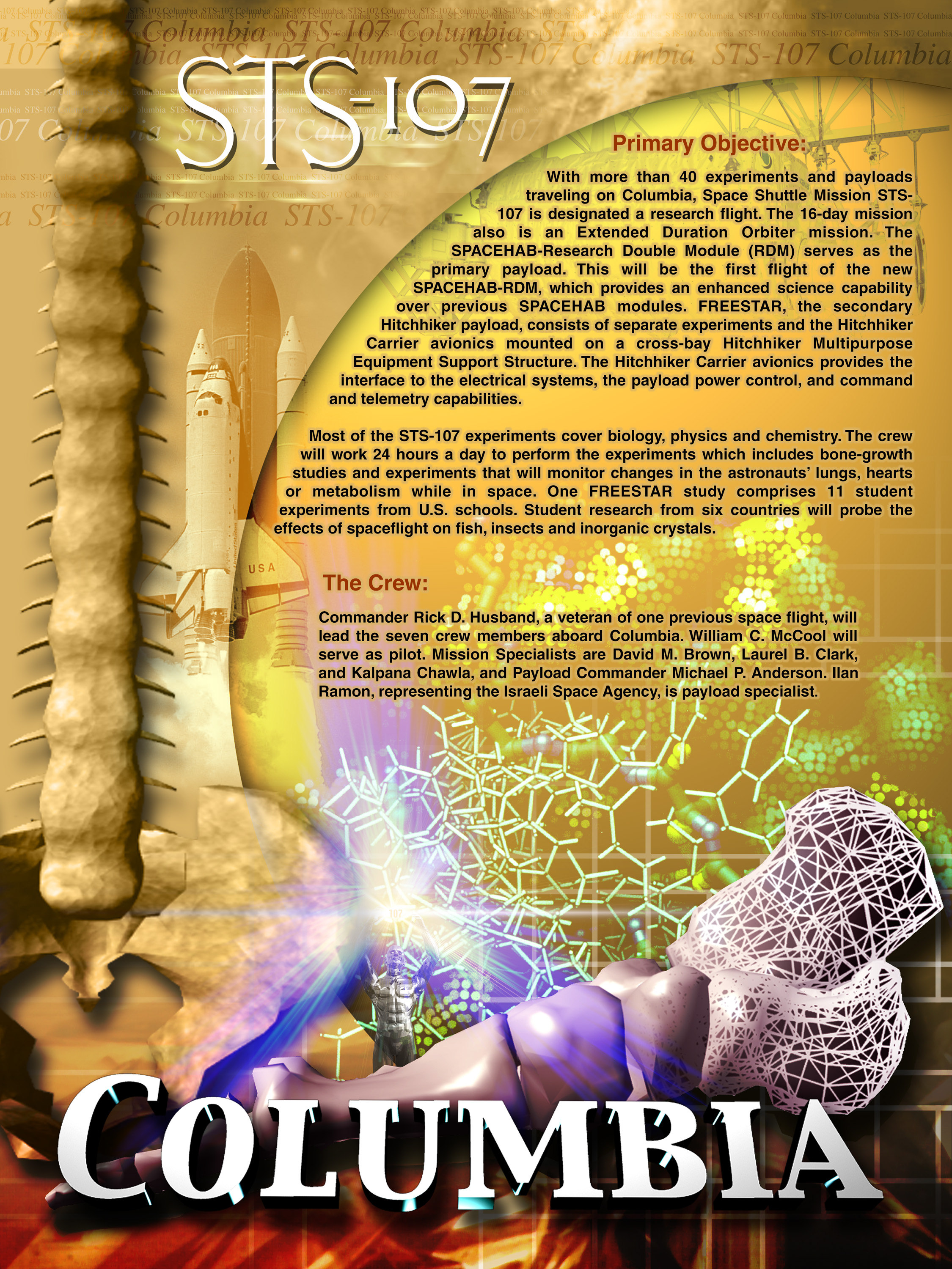 STS-107 mission poster with descriptive text and skeleton bones