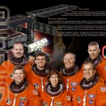 STS-110 crew poster showing astronauts in orange flight suits and descriptive text