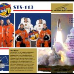 STS-113 crew poster showing the crew, a shuttle launch, the mission patch, the ISS and descriptive text