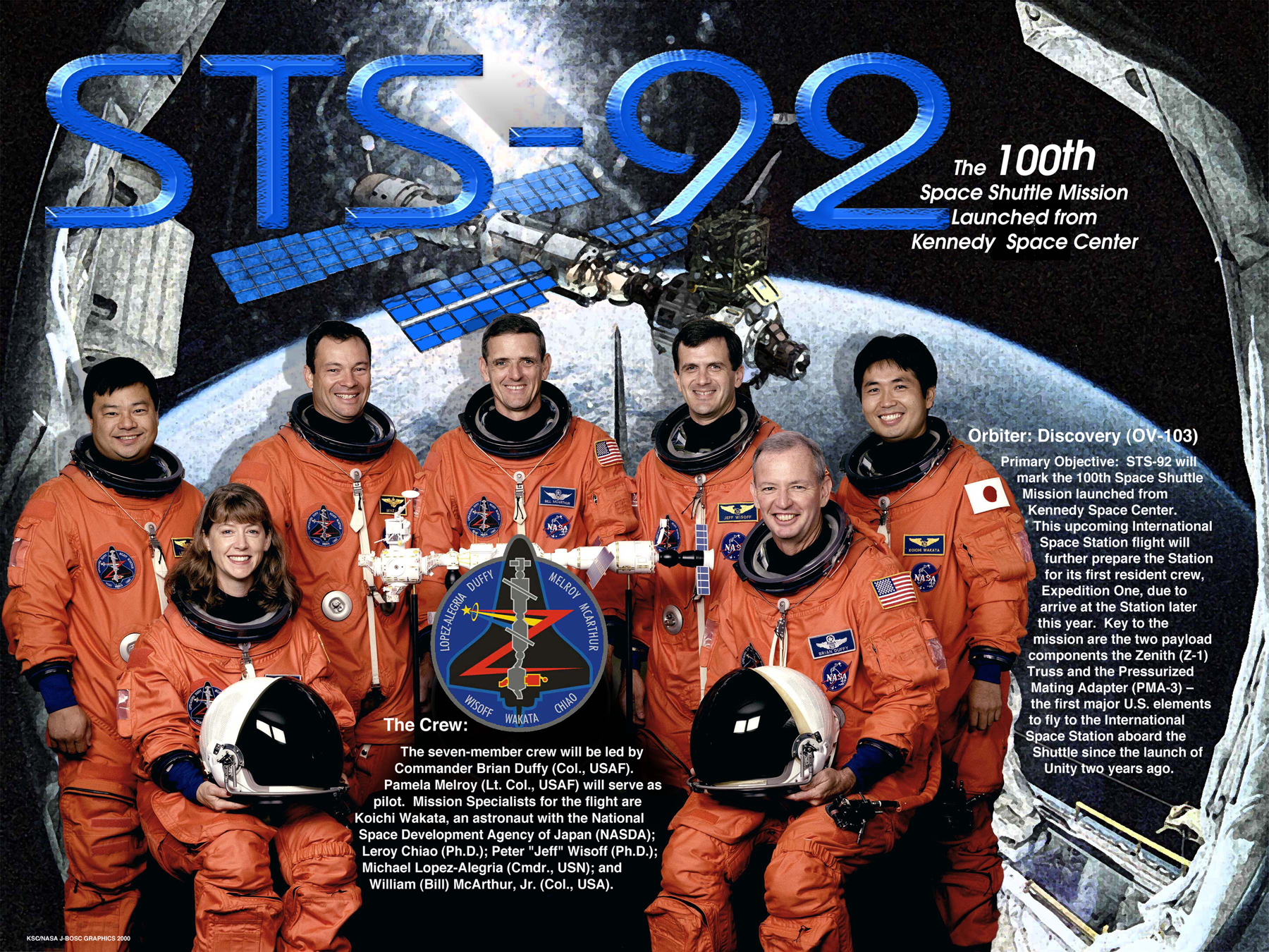 STS-92 crew poster with the crew in orange flight suits and the ISS in the background