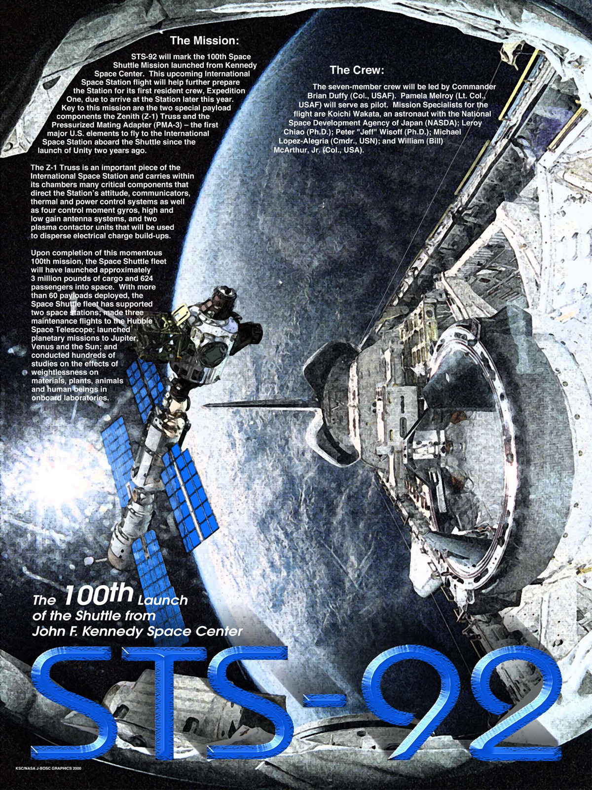 STS-92 mission poster showing the shuttle in orbit and descriptive text