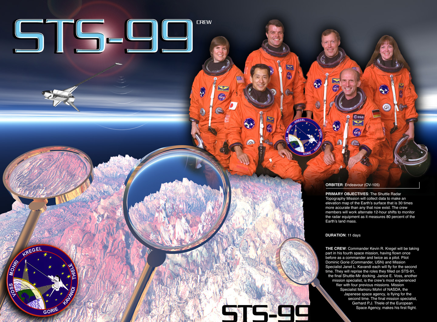 STS-99 crew poster showing astronauts in orange flight suits plus a close up of ice under a magnifying glass. The shuttle is flying in the background