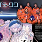STS-99 crew poster showing astronauts in orange flight suits plus a close up of ice under a magnifying glass. The shuttle is flying in the background