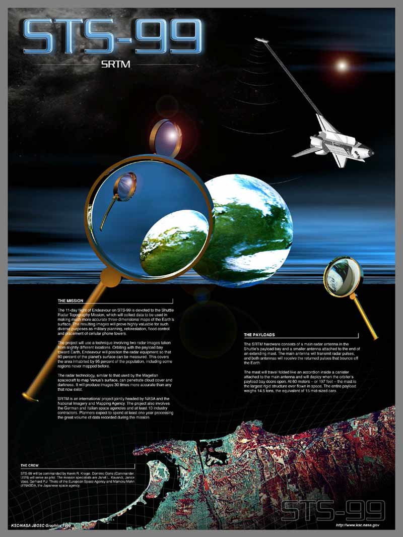 STS-99 mission poster showing text about the mission, graphics of Earth and Earth under a magnifying glass, plus a space shuttle