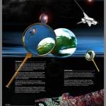 STS-99 mission poster showing text about the mission, graphics of Earth and Earth under a magnifying glass, plus a space shuttle
