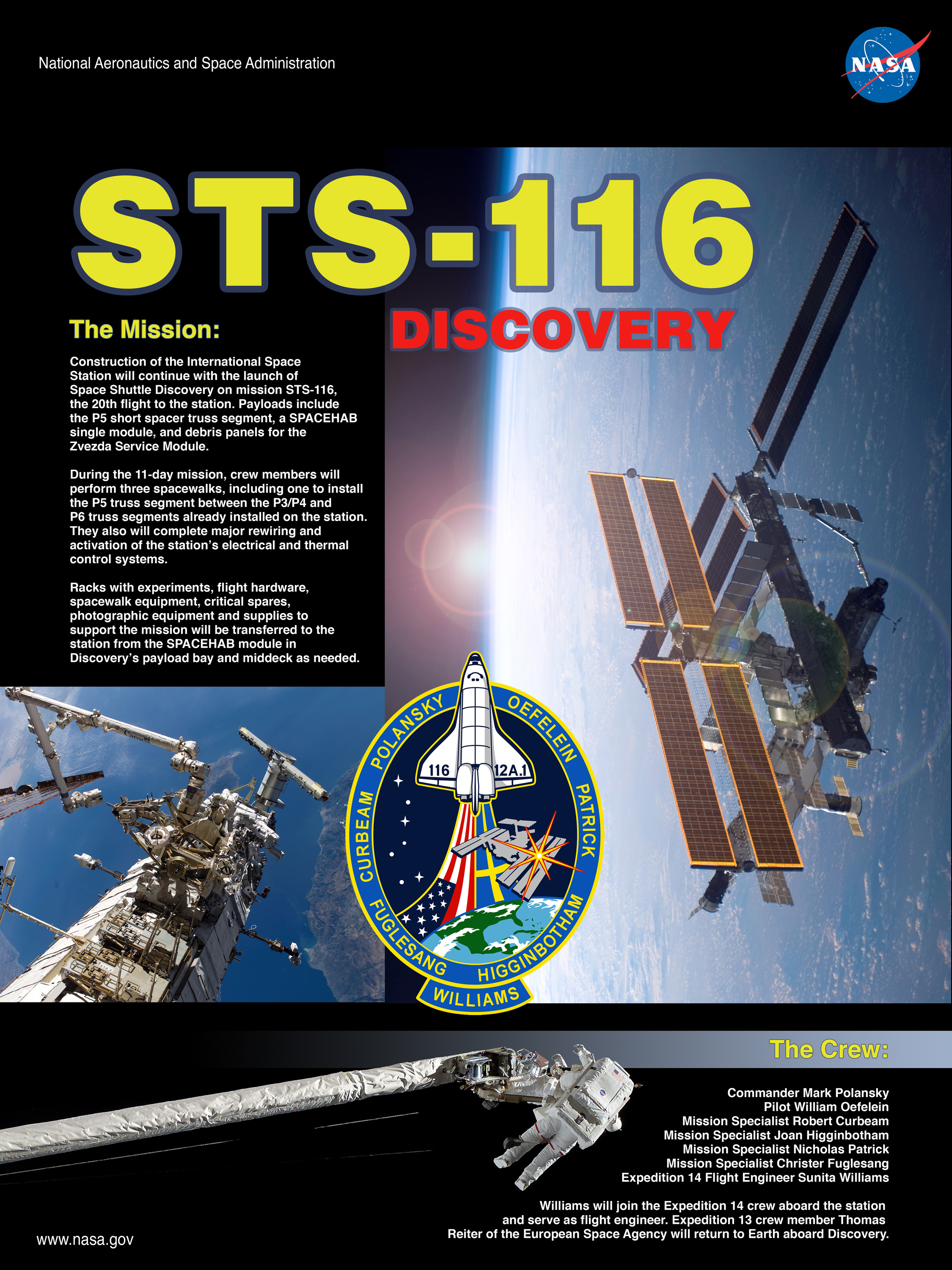 STS-116 mission poster showing the ISS, the mission patch, an EVA, and descriptive text
