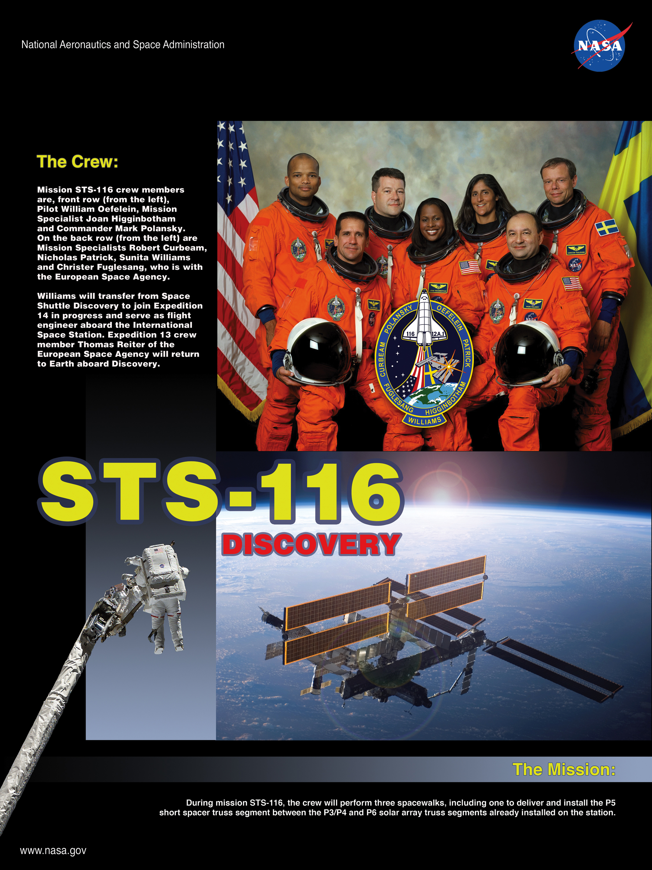 STS-116 crew poster showing the crew portrait, the ISS, an EVA and descriptive text