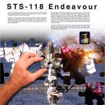 Endeavour STS-118 mission poster showing the ISS superimposed over a puzzle with a hand putting in another piece