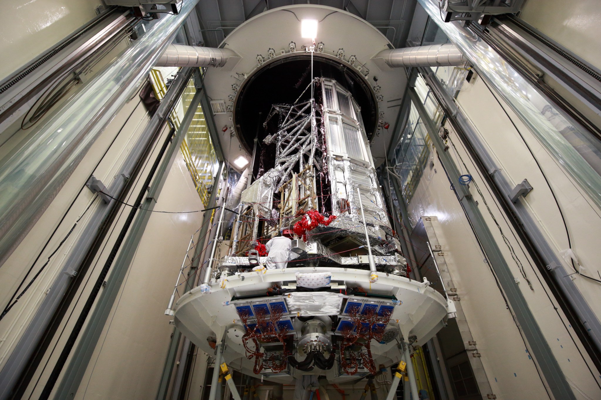 The James Webb Space Telescope’s spacecraft element being prepared for entry into Northrop Grumman's large thermal vacuum