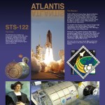 Atlantis STS-122 mission poster showing the space shuttle in launch, the mission patch, the ESA node, and a picture of Christopher Columbus