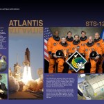 Atlantis STS-122 crew poster showing the space shuttle in launch, the mission patch, the astronaut crew in orange flight suits, the ESA node, and a picture of Christopher Columbus
