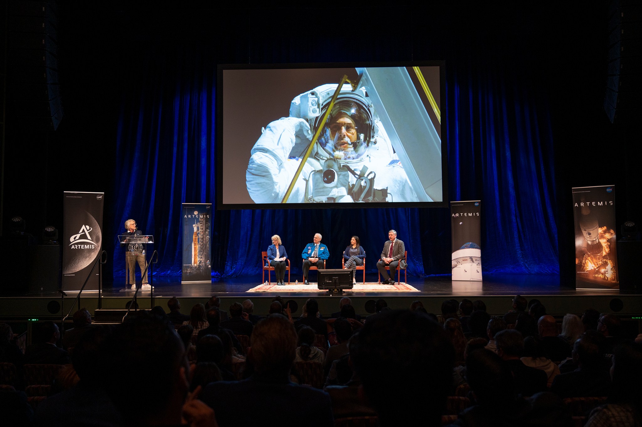 NASA and Artemis managers, including astronaut Lee Morin (third from left) and Artemis I mission manager Mike Sarafin (right), recognize 21 Southern California businesses and discuss NASA’s next-generation lunar missions through Artemis during a community event in Cerritos May 3.