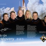Discovery STS-124 crew poster showing the crew with a shuttle in the background and descriptive text plus the mission patch and a picture of the ISS